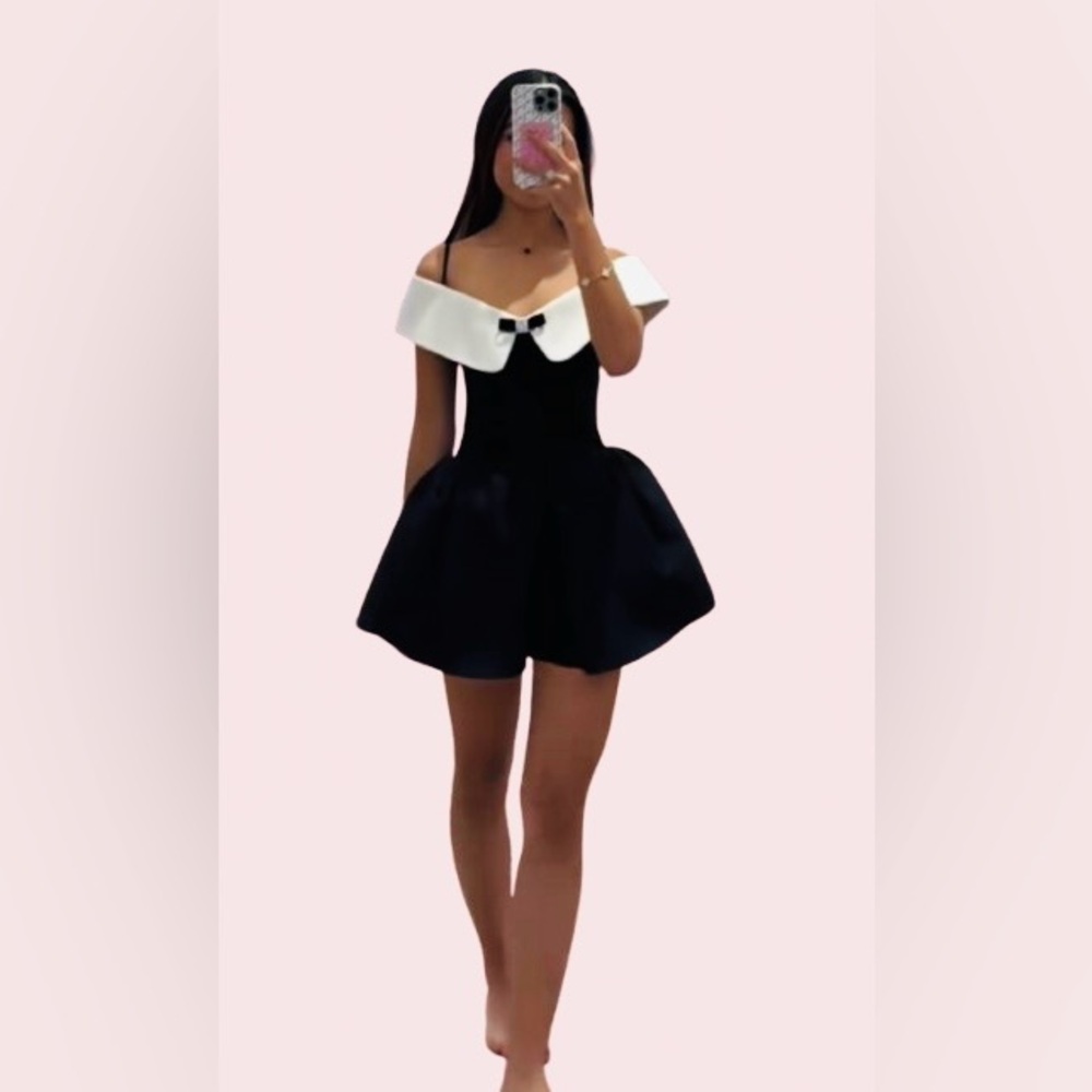 Off-Shoulder Black Mini Dress with White Collar
New with tags